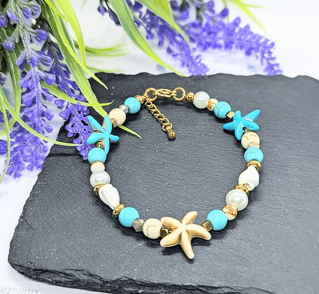 Turquoise, Shell & Gold Tone Plated Stainless Steel Beaded Clasped Bracelet 