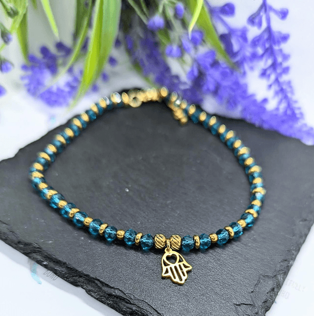 Gold Tone Plated Stainless Steel Boho Beaded Anklet with Hamsa Hand Charm 