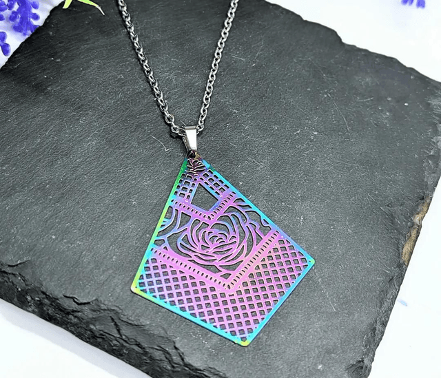 Stainless Steel Necklace with Electroplated Rainbow Diamond Rose Pattern Pendant 