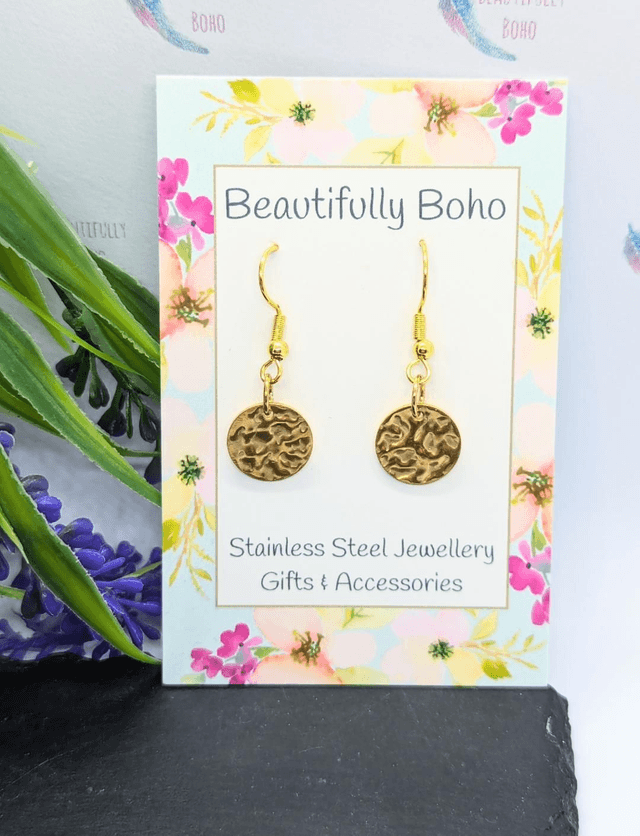 Gold Tone Plated Stainless Steel Hammered Disc Drop Earrings 