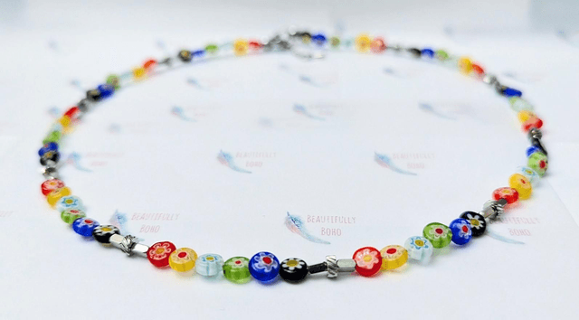 Beautiful Millefiori/Murano Glass & Stainless Steel Beaded Necklace 