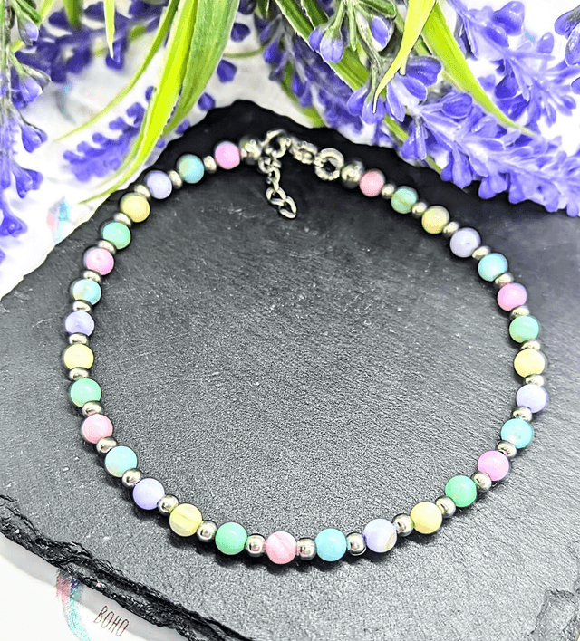 Rainbow Pastel Shell & Stainless Steel Beaded Anklet.