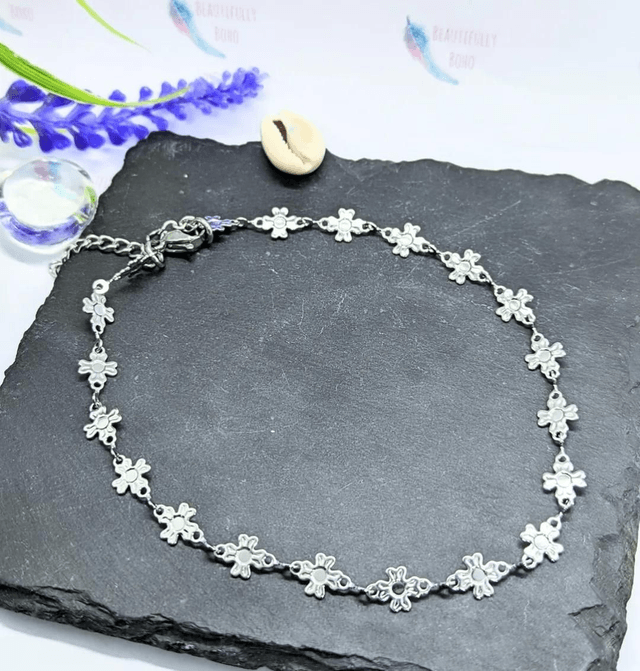 Stainless Steel Flower Cross Patterned Anklet