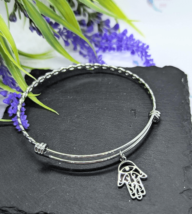 Stainless Steel Bangle with Hamsa Hand Charm 