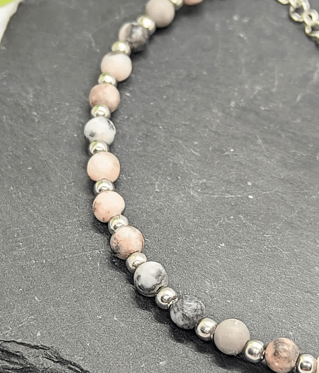 Pink Zebra Jasper Gemstone & Stainless Steel Beaded Anklet 