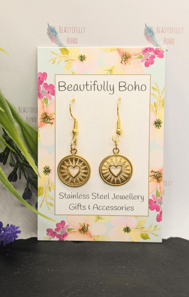 Gold Tone Plated Stainless Steel Boho Heart Drop Earrings 