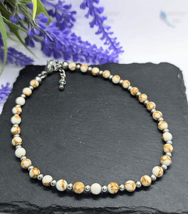 White & Gold Marbled Boho Beaded Anklet 