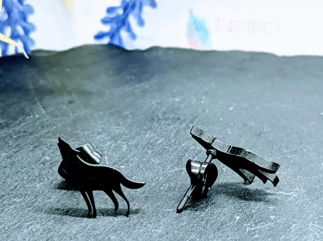 Stainless Steel Black Plated Wolf Stud Earrings 