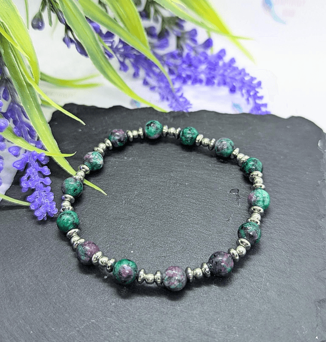 Ruby Zoisite & Stainless Steel Beaded Stretch Bracelet 