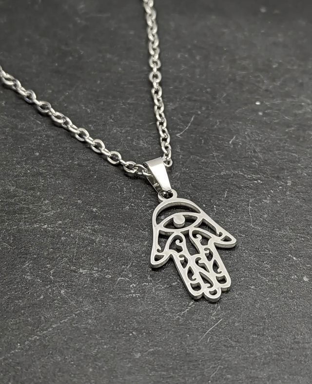 Stainless Steel Necklace with Hamsa Hand Pendant.