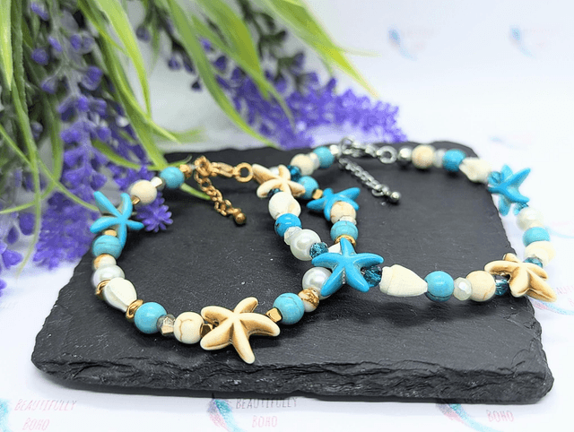 Turquoise, Shell & Gold Tone Plated Stainless Steel Beaded Clasped Bracelet 