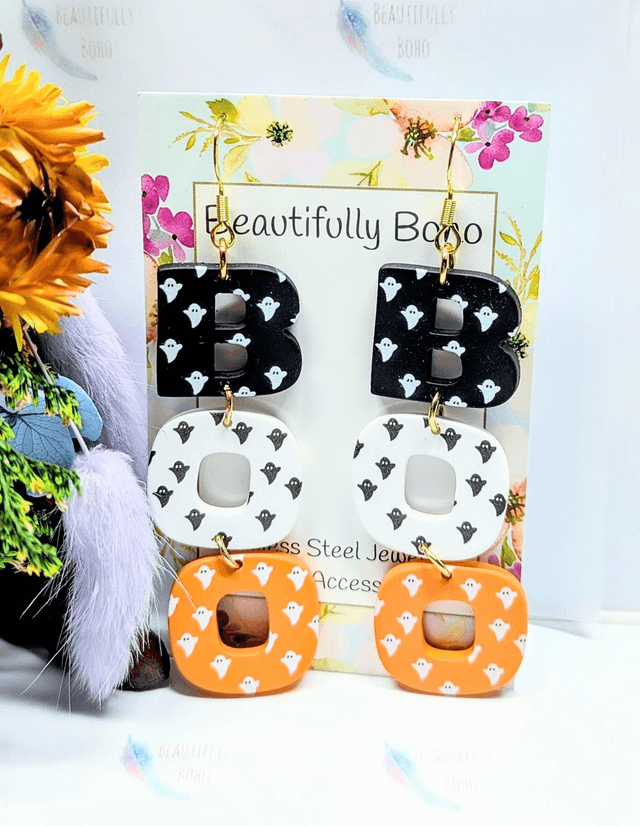 Acrylic & Plated Stainless Steel Halloween Themed "BOO" Drop Earrings 