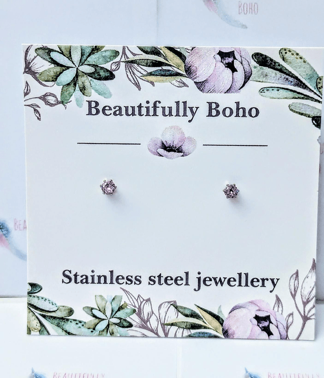 Stainless Steel Pink Diamanté Ear Studs