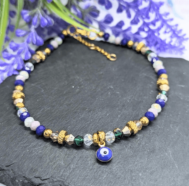Gold Tone Plated Stainless Steel Boho Beaded Anklet with Evil Eye Charm