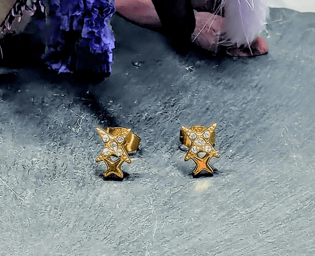 Gold Tone Plated Stainless Steel Star Crystal Stud Earrings 