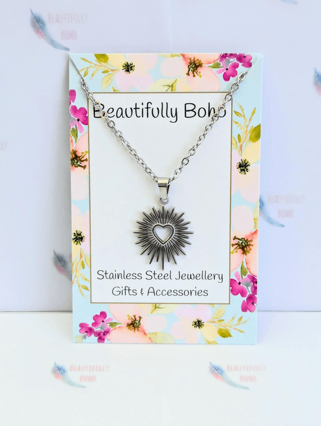Stainless Steel Heart & Sun Necklace 