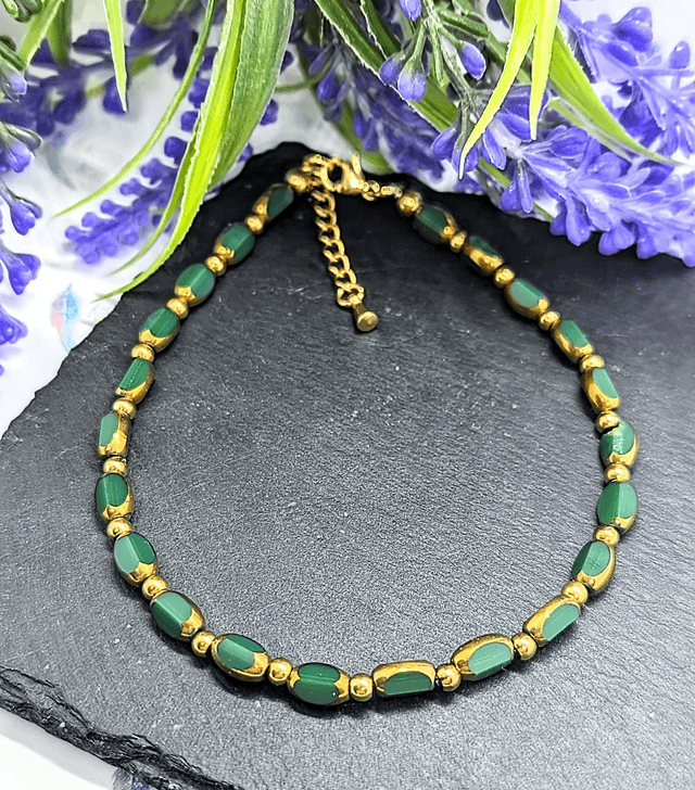 Gold Tone Plated Stainless Steel & Emerald Green Glass Beaded Anklet.