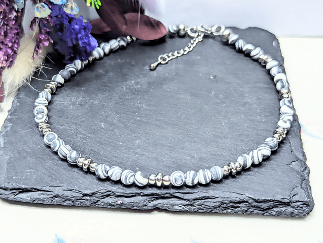 Striped Agate & Stainless Steel Beaded Anklet 