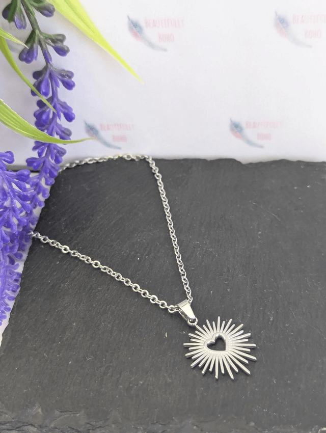 Stainless Steel Heart & Sun Necklace 
