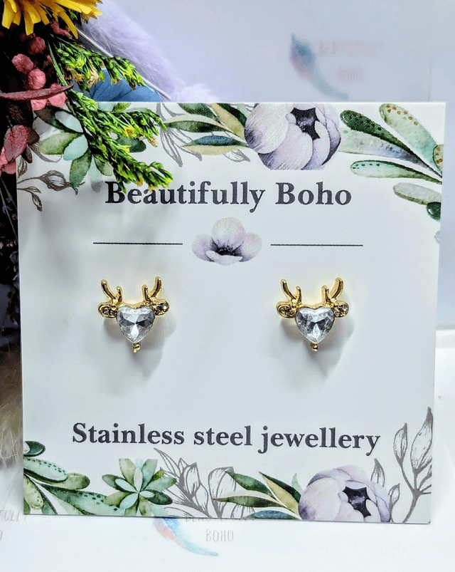 Gold Tone Plated Stainless Steel Deer Stud Earrings 
