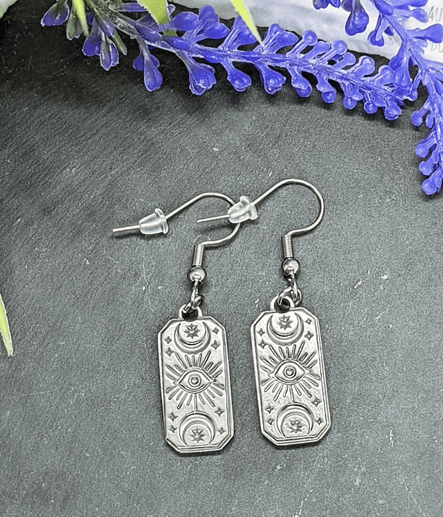 Stainless Steel Sun, Moon & Star Drop Earrings.