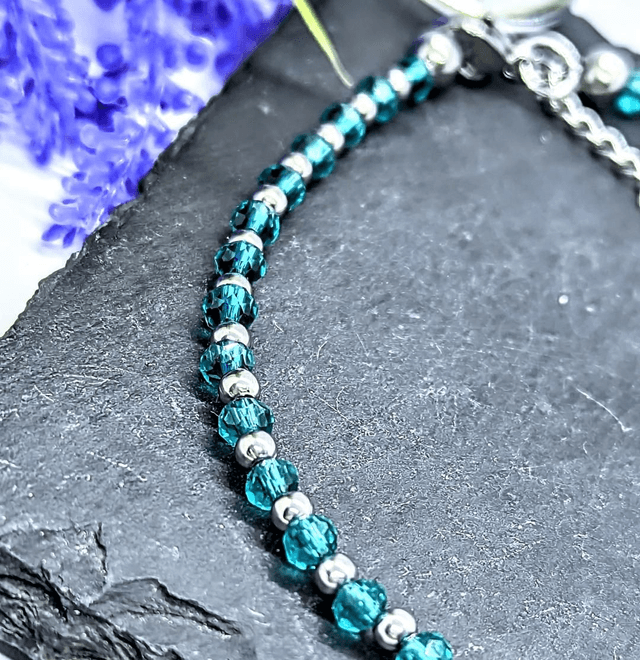Stainless Steel & Peacock Blue Glass Beaded Anklet.