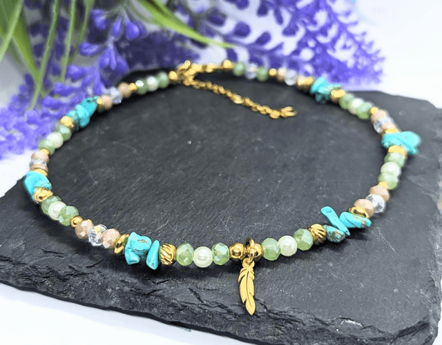 Gold Tone Plated Stainless Steel Boho Beaded Anklet with Feather Charm