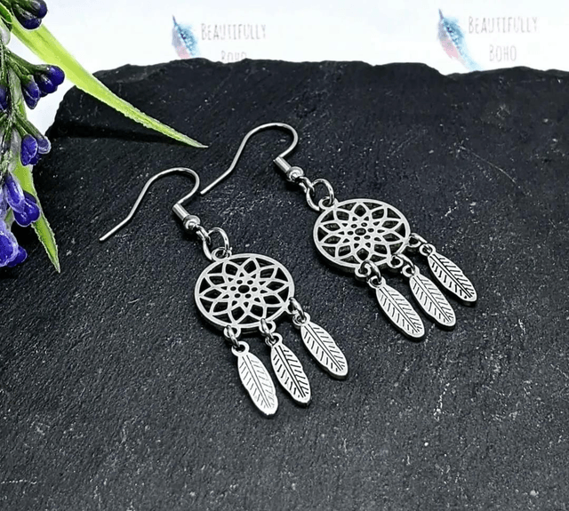 Stainless Steel Dreamcatcher Drop Earrings 