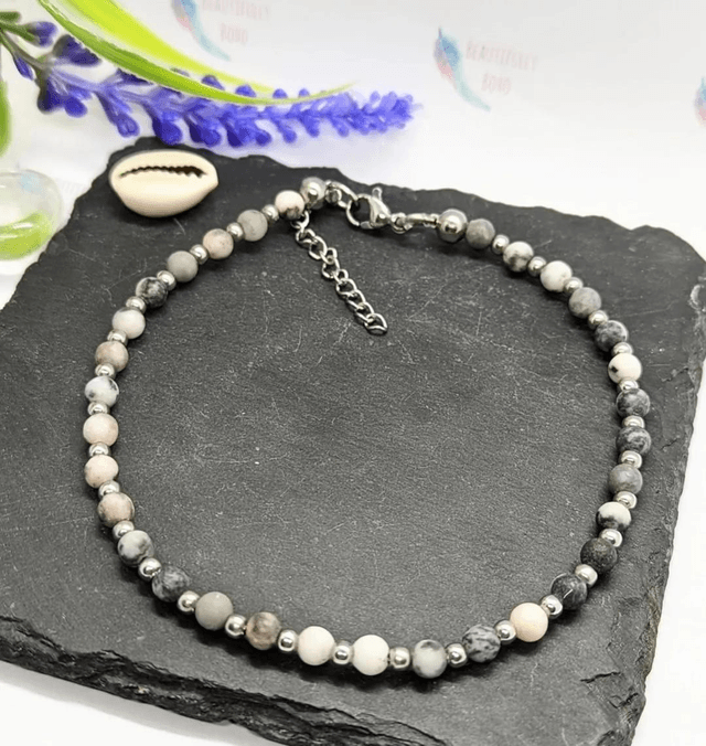 Pink Zebra Jasper Gemstone & Stainless Steel Beaded Anklet 