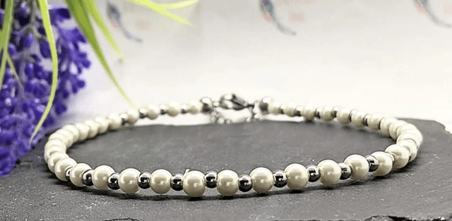 Ivory faux Pearl & Stainless Steel Beaded Anklet 