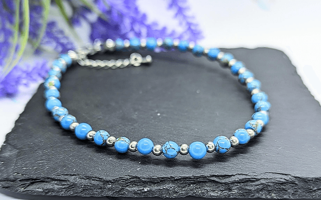 Blue & Gold Marbled Boho Beaded Anklet 