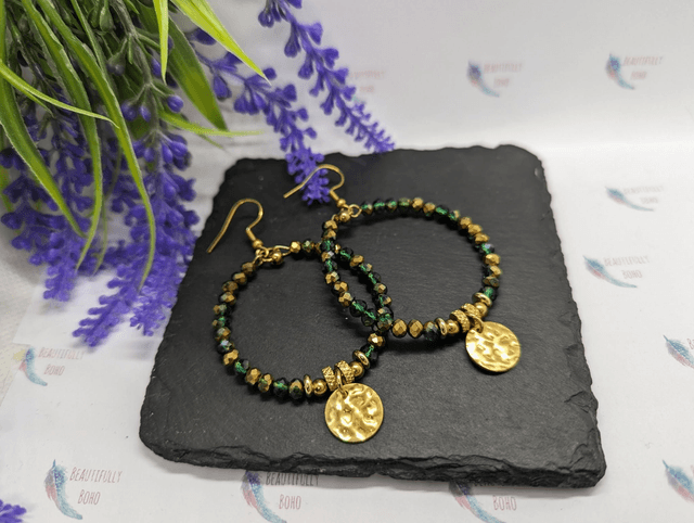 Gold Tone Plated Stainless Steel & Glass Beaded Hoop Earrings 
