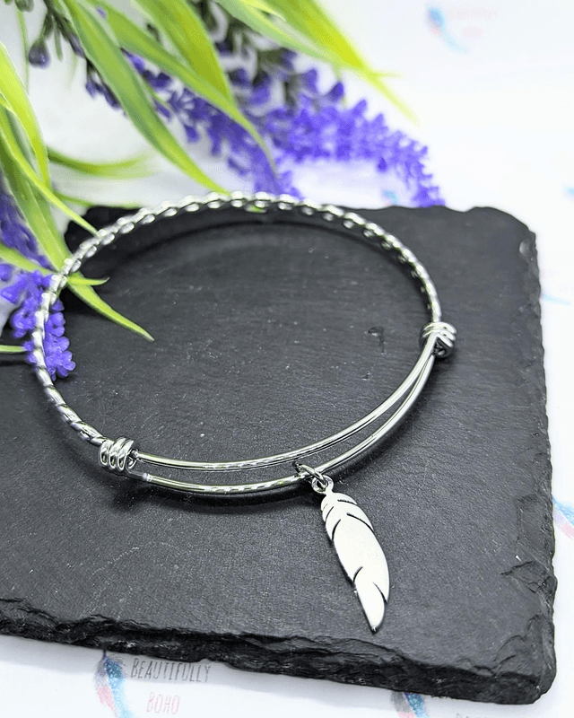 Stainless Steel Bangle with Feather Charm 