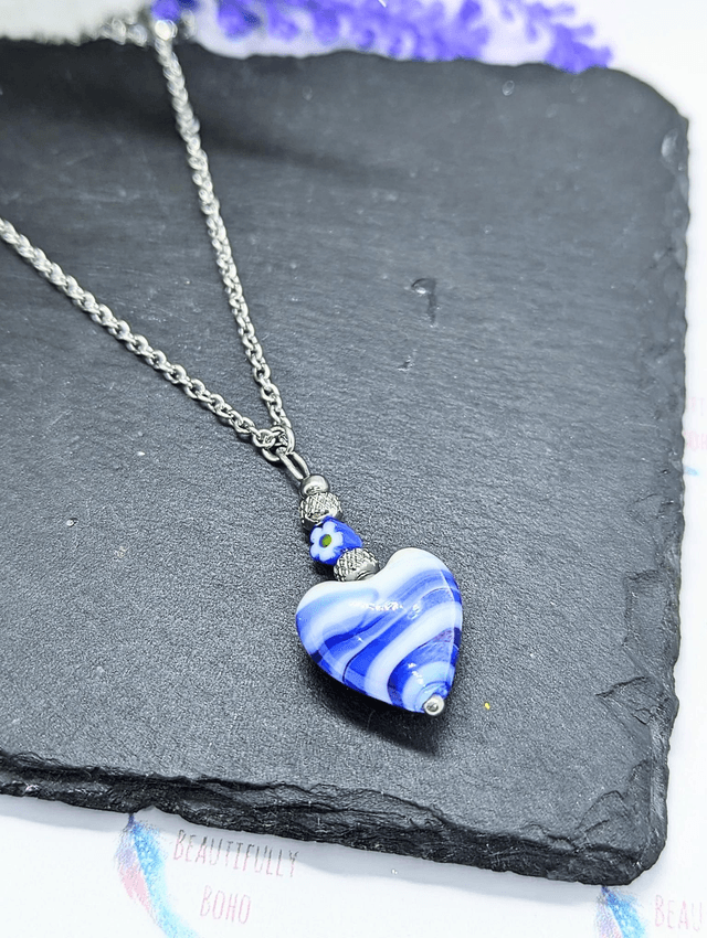 Stainless Steel Necklace with Blue & White Murano Glass Heart Pendant 