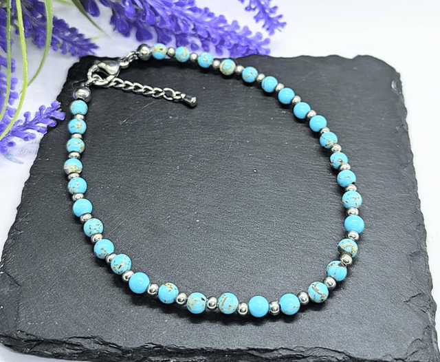 Sky Blue & Gold Marbled Boho Beaded Anklet 