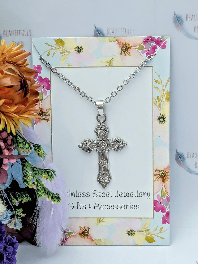 Stainless Steel Necklace with Patterned Cross Pendant.