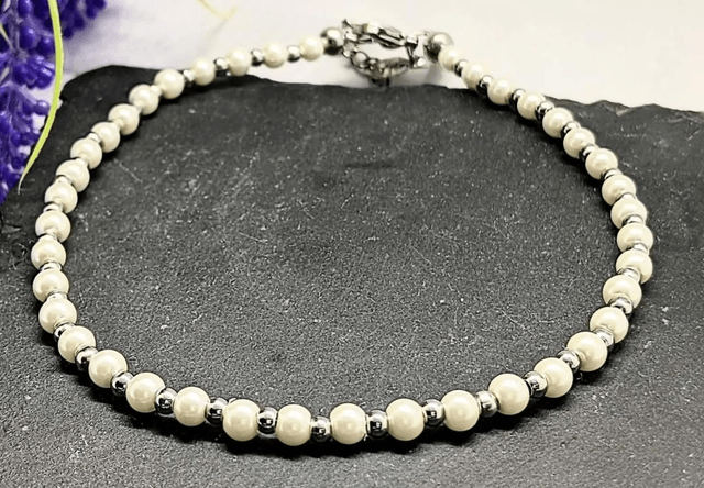 Ivory faux Pearl & Stainless Steel Beaded Anklet 