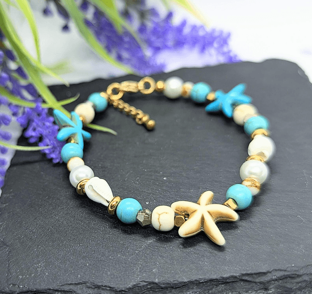 Turquoise, Shell & Gold Tone Plated Stainless Steel Beaded Clasped Bracelet 