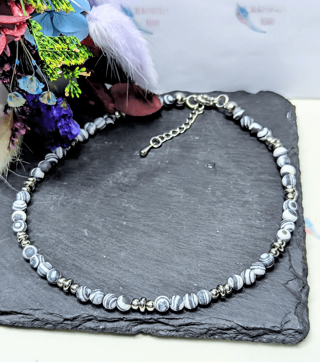 Striped Agate & Stainless Steel Beaded Anklet 