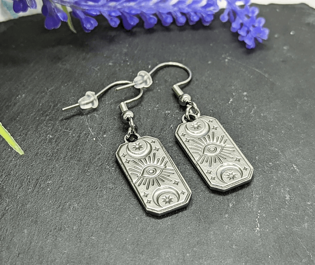 Stainless Steel Sun, Moon & Star Drop Earrings.