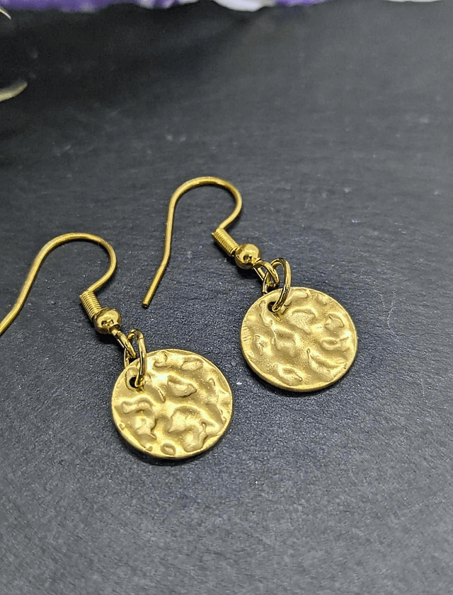 Gold Tone Plated Stainless Steel Hammered Disc Drop Earrings 