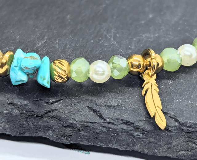 Gold Tone Plated Stainless Steel Boho Beaded Anklet with Feather Charm