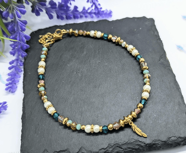 Gold Tone Plated Stainless Steel Boho Beaded Anklet with Feather Charm 