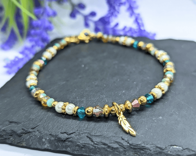 Gold Tone Plated Stainless Steel Boho Beaded Anklet with Feather Charm 