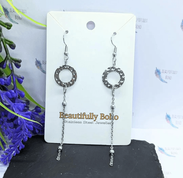 Stainless Steel Hammered Style Hoop & Chain Earrings 