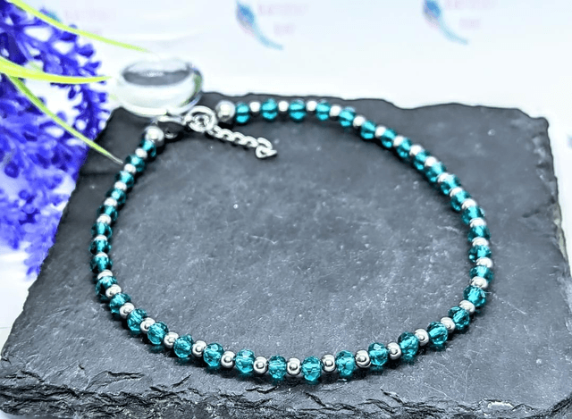 Stainless Steel & Peacock Blue Glass Beaded Anklet.