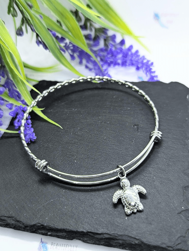 Stainless Steel Bangle with Turtle Charm
