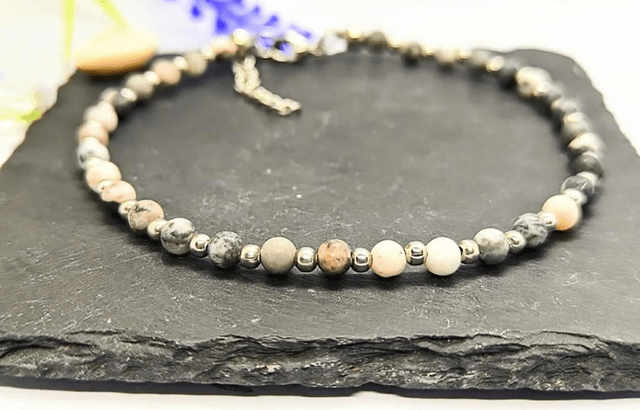 Pink Zebra Jasper Gemstone & Stainless Steel Beaded Anklet 