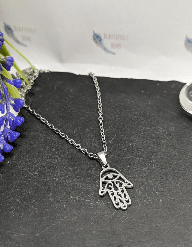 Stainless Steel Necklace with Hamsa Hand Pendant.