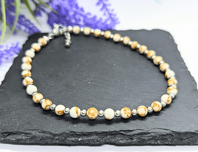 White &amp; Gold Marbled Boho Beaded Anklet 